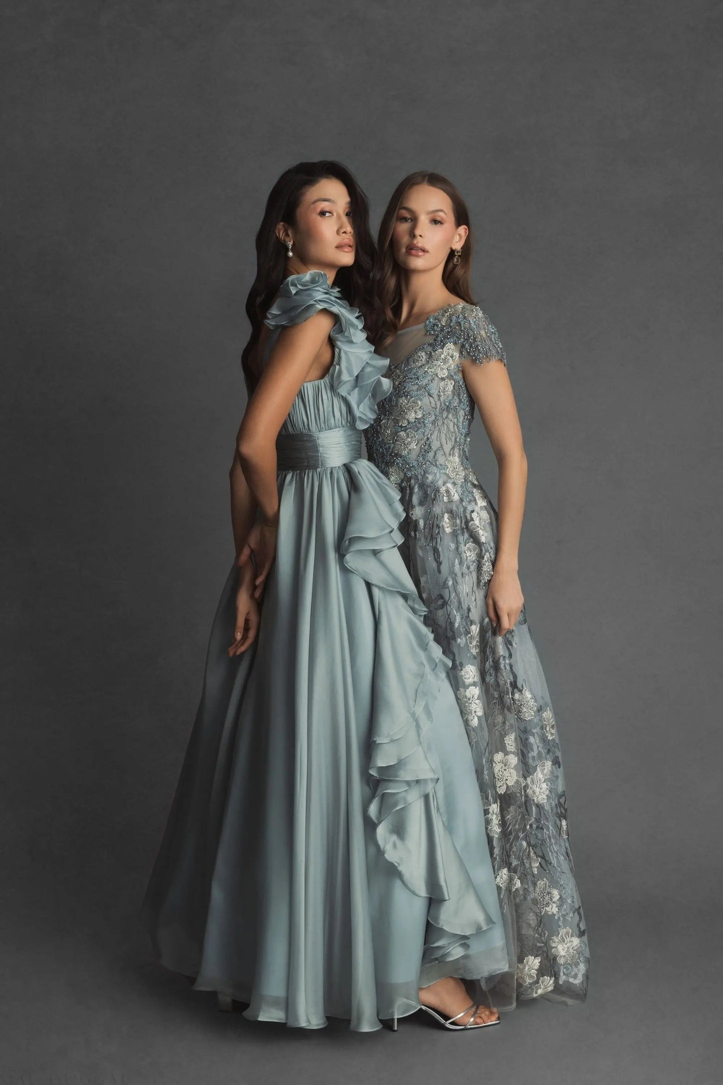 Green Ruffle Shoulder V-Neck Chiffon Gown