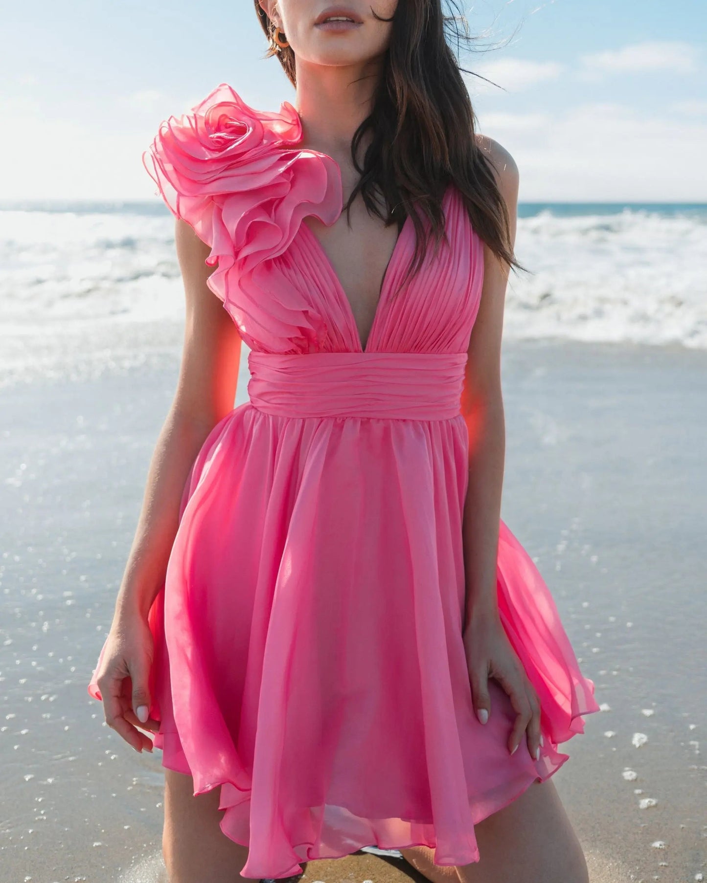 Pink Ruffle V Neck Fit & Flare Mini Dress