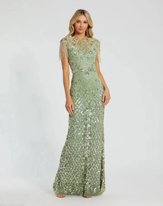 Green High Neck Beaded Fringe Fitted Gown