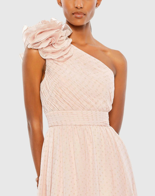 Pink Polka Dot Ruffled One Shoulder Gown