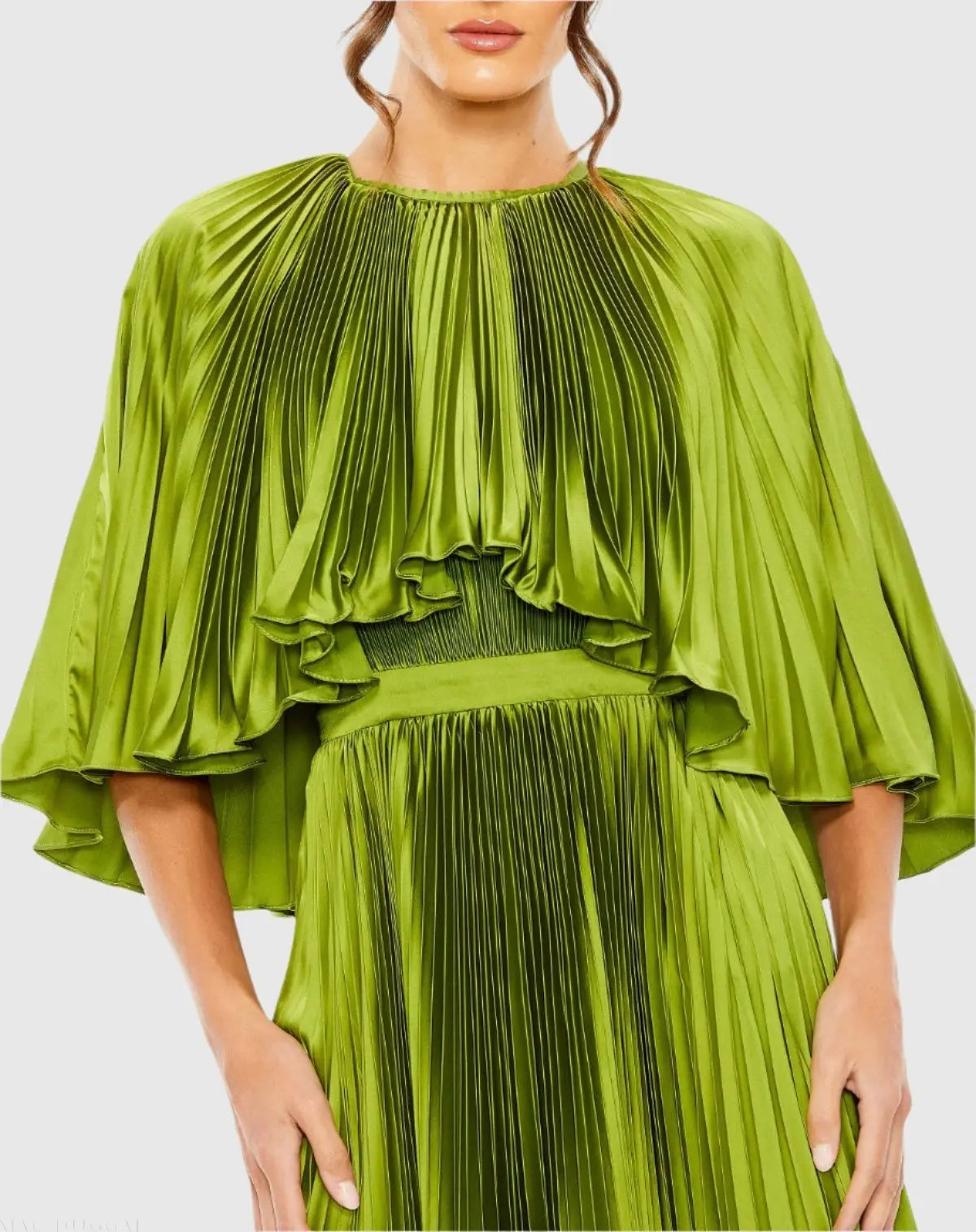 Green Pleated Caplet Tea-length Dress