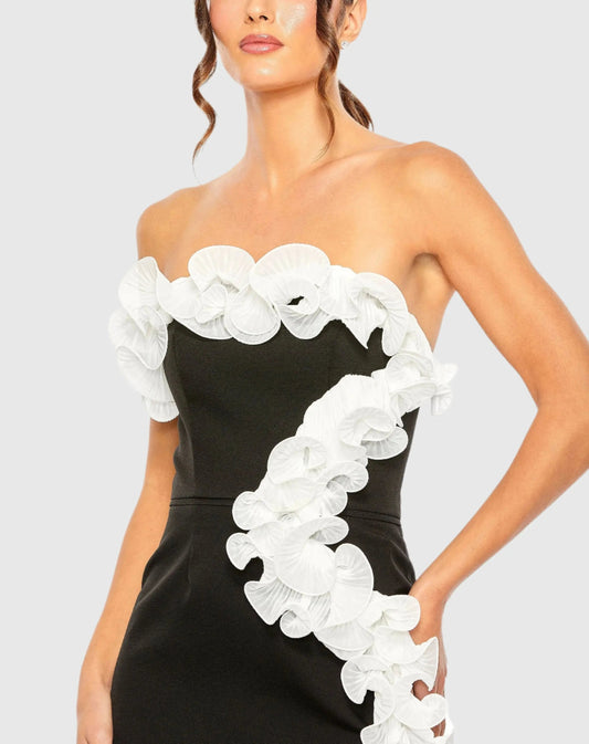 Black and White Strapless Ruffle Detail Mini Dress