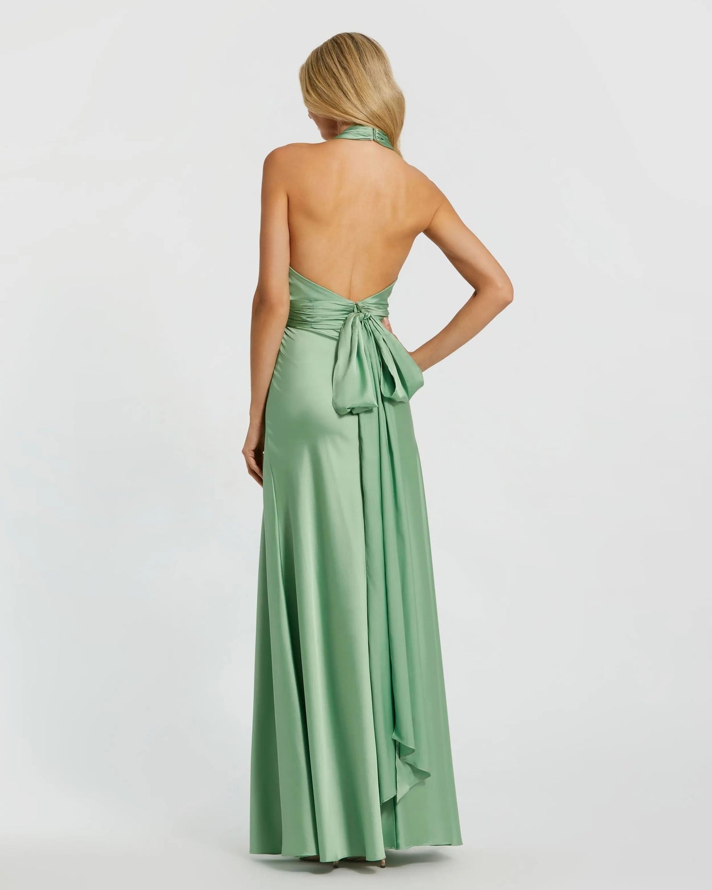 Green Ruched Halter Neck Tie Back Satin Gown