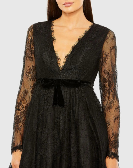 Black Long Sleeve Deep V Lace Babydoll Dress