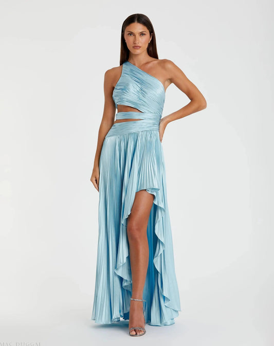 Blue One Shoulder Pleated Charmeuse High Low Gown
