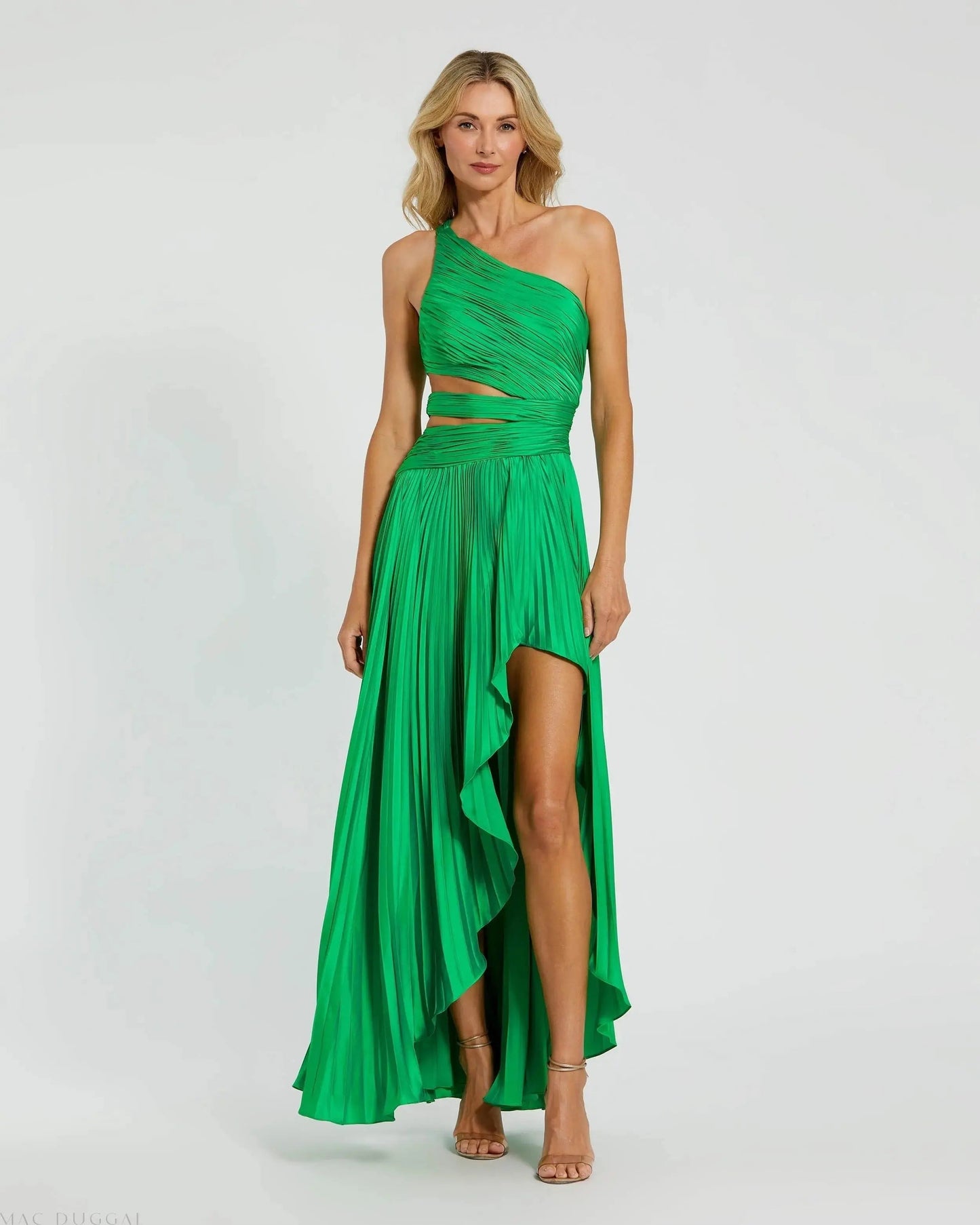 Green One Shoulder Pleated Charmeuse Gown with Slit