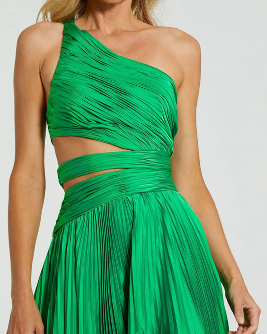 Green One Shoulder Pleated Charmeuse Gown with Slit