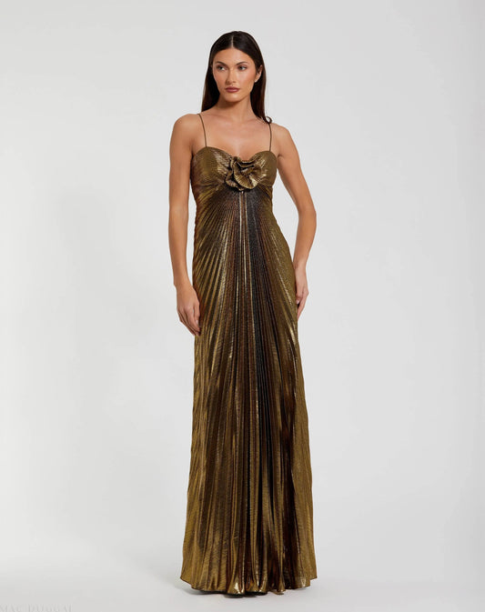 Gold Metallic Pleated Gown with 3D Flower