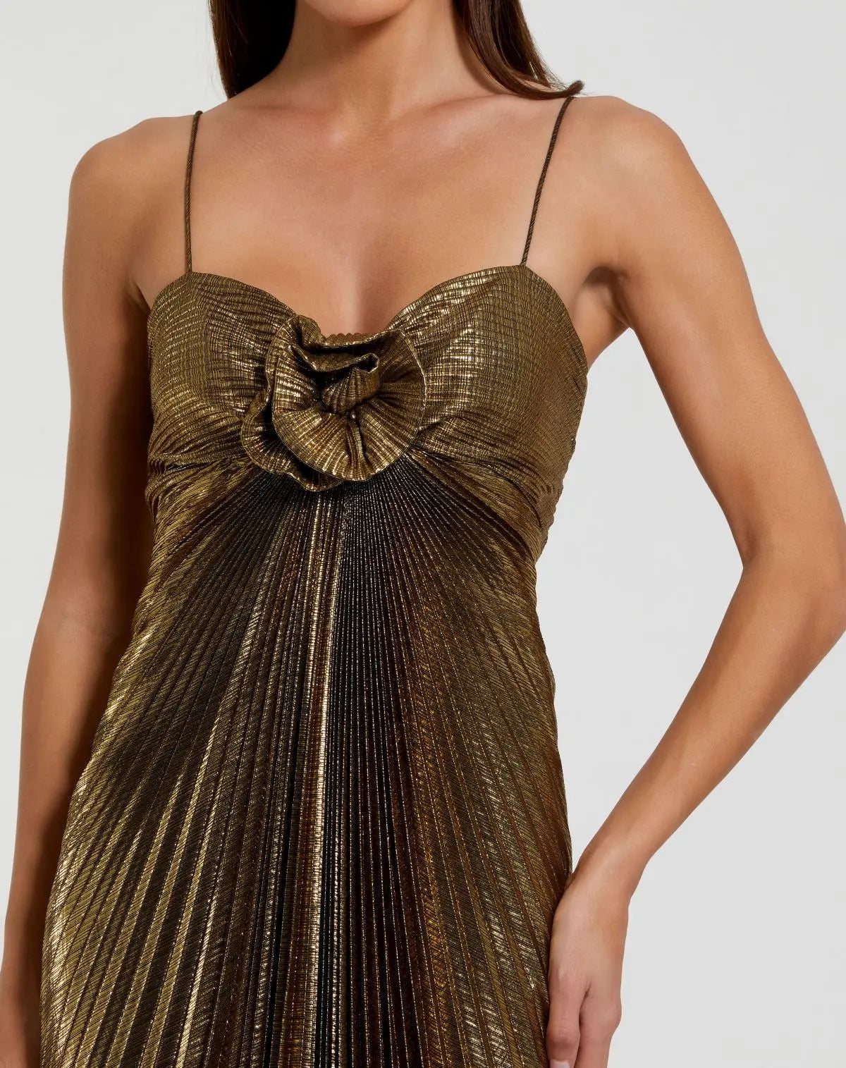 Gold Metallic Pleated Gown with 3D Flower