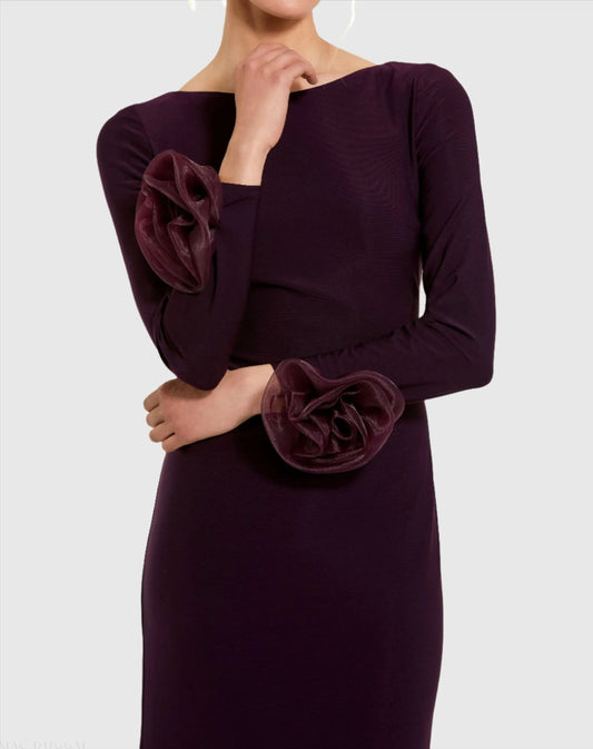 Purple Long Sleeve Fitted Jersey Gown With 3D Flowers