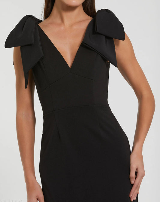 Black Bow Strap Crepe Fitted Midi Dress