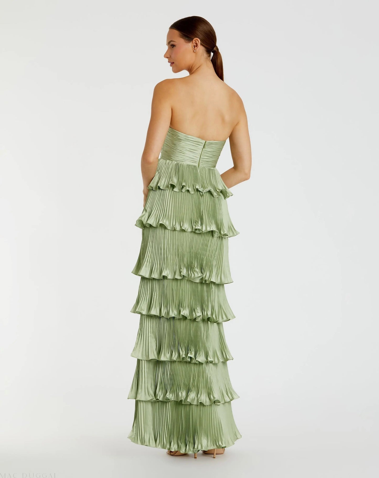 Green Pleated Charmeuse Strapless Tiered Ruffle Gown