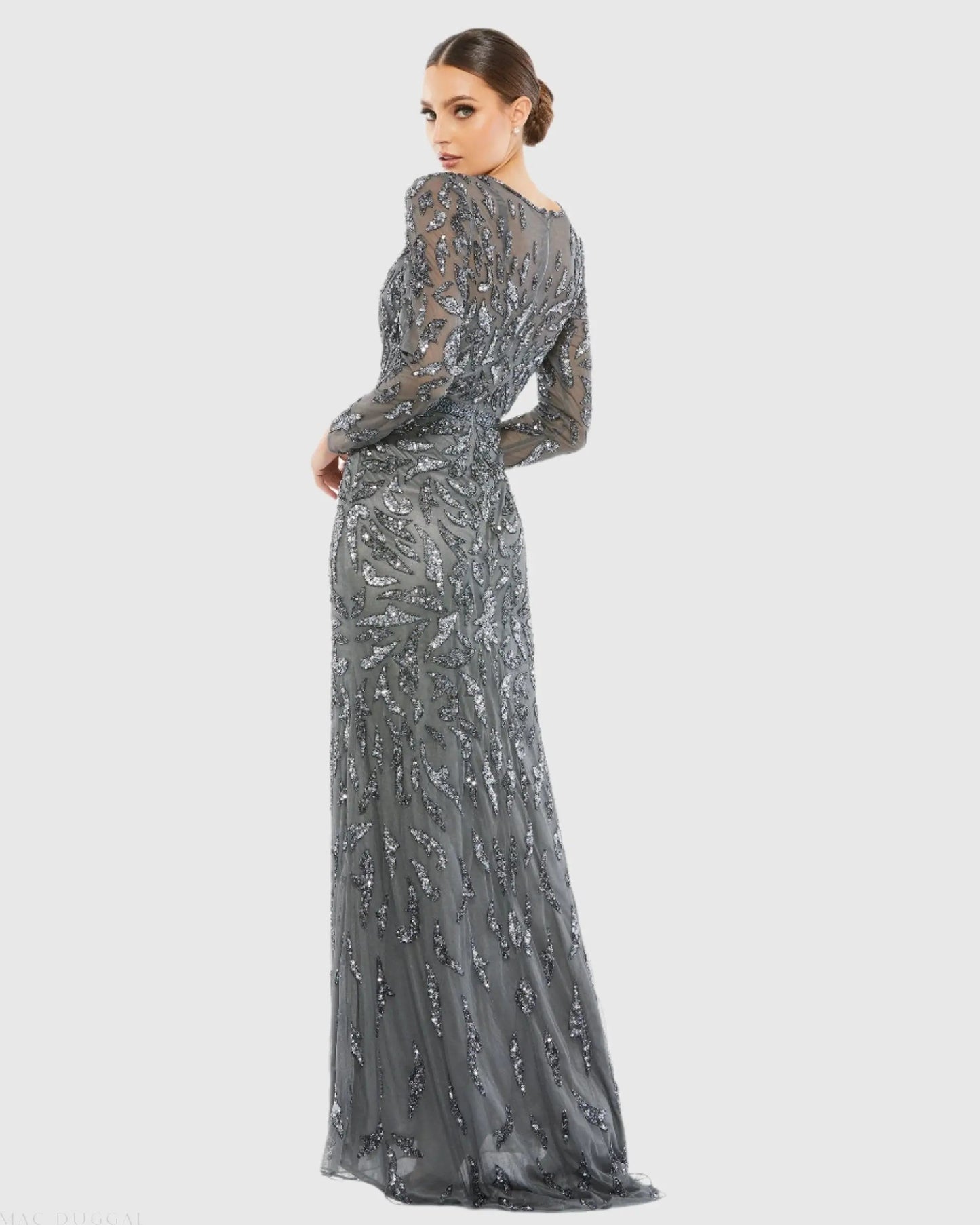 Dark Gray Long Sleeve Beaded Evening Gown