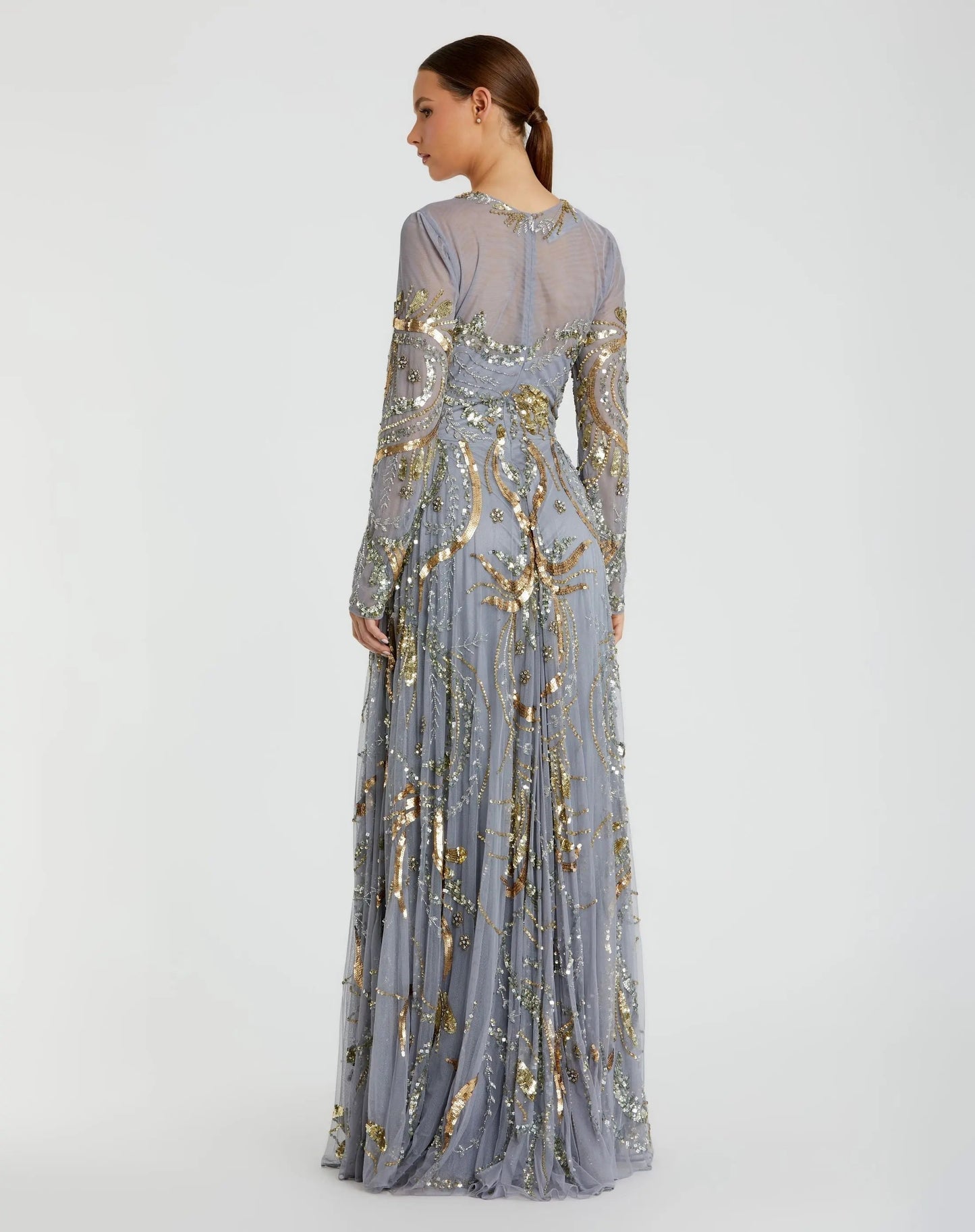 Blue and Gold Long Sleeve Embellished Illusion Evening Gown