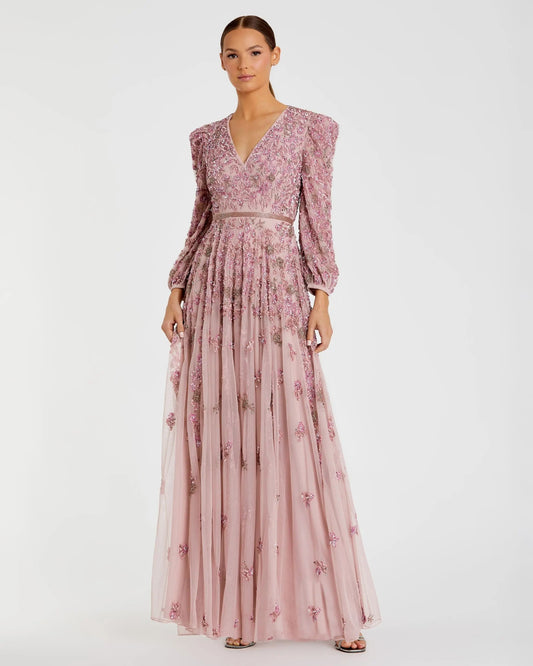 Pink Embellished V Neck Long Sleeve A Line Gown