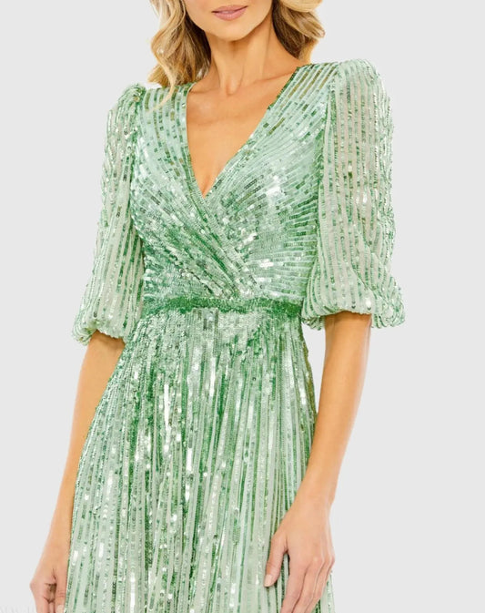 Green Sequined Wrap Over 3/4 Sleeve Gown