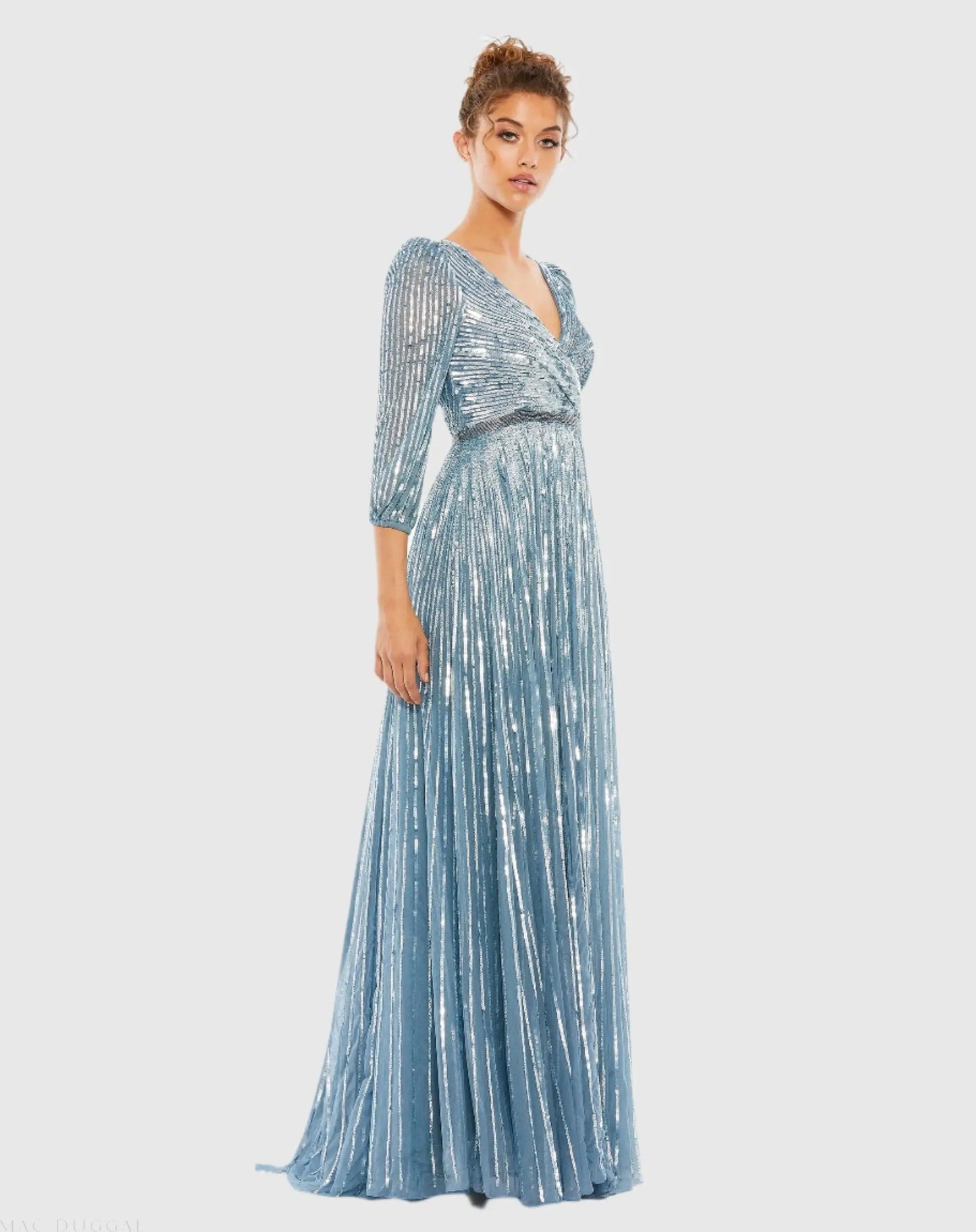 Blue Sequined Wrap Over 3/4 Sleeve Gown