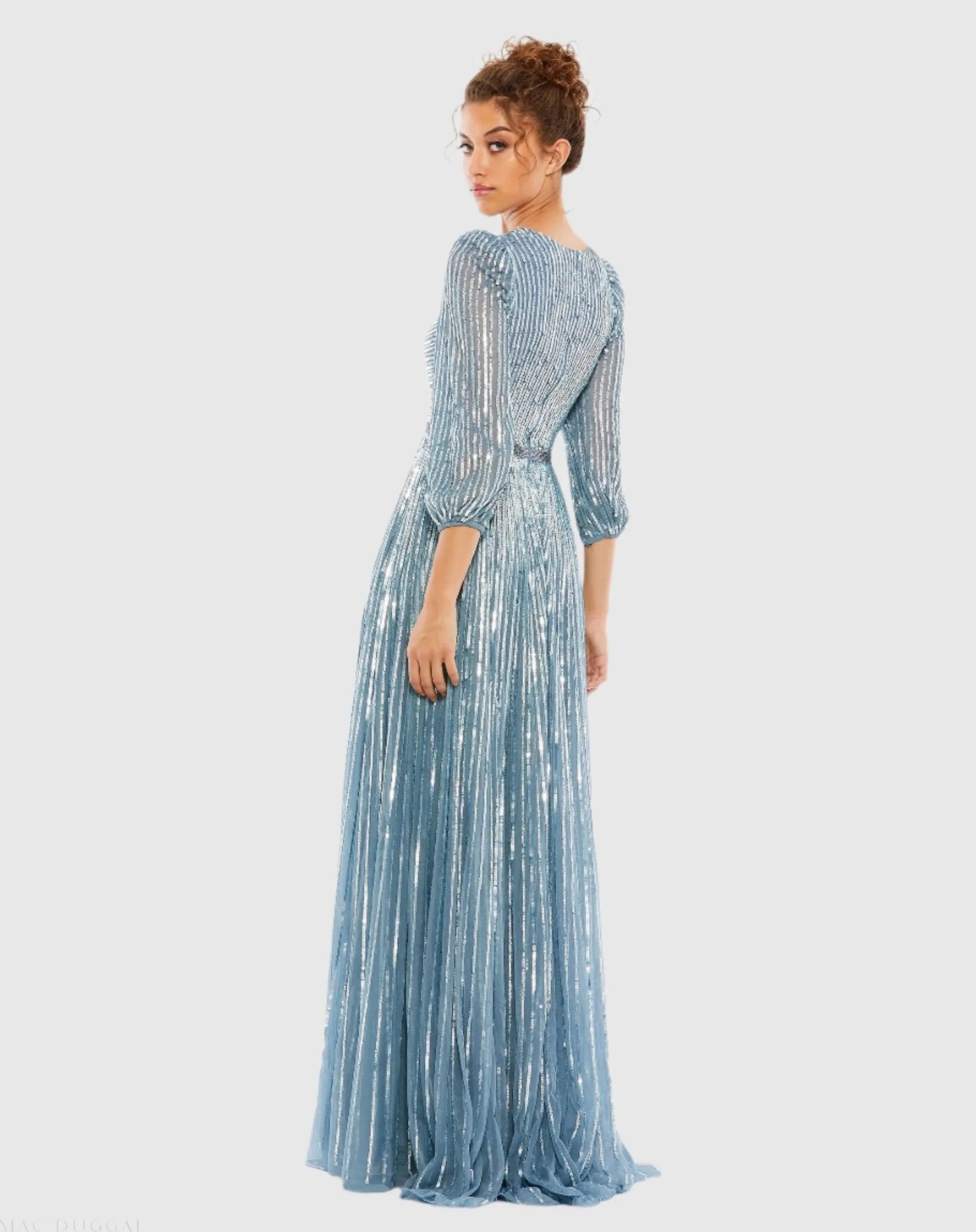 Blue Sequined Wrap Over 3/4 Sleeve Gown