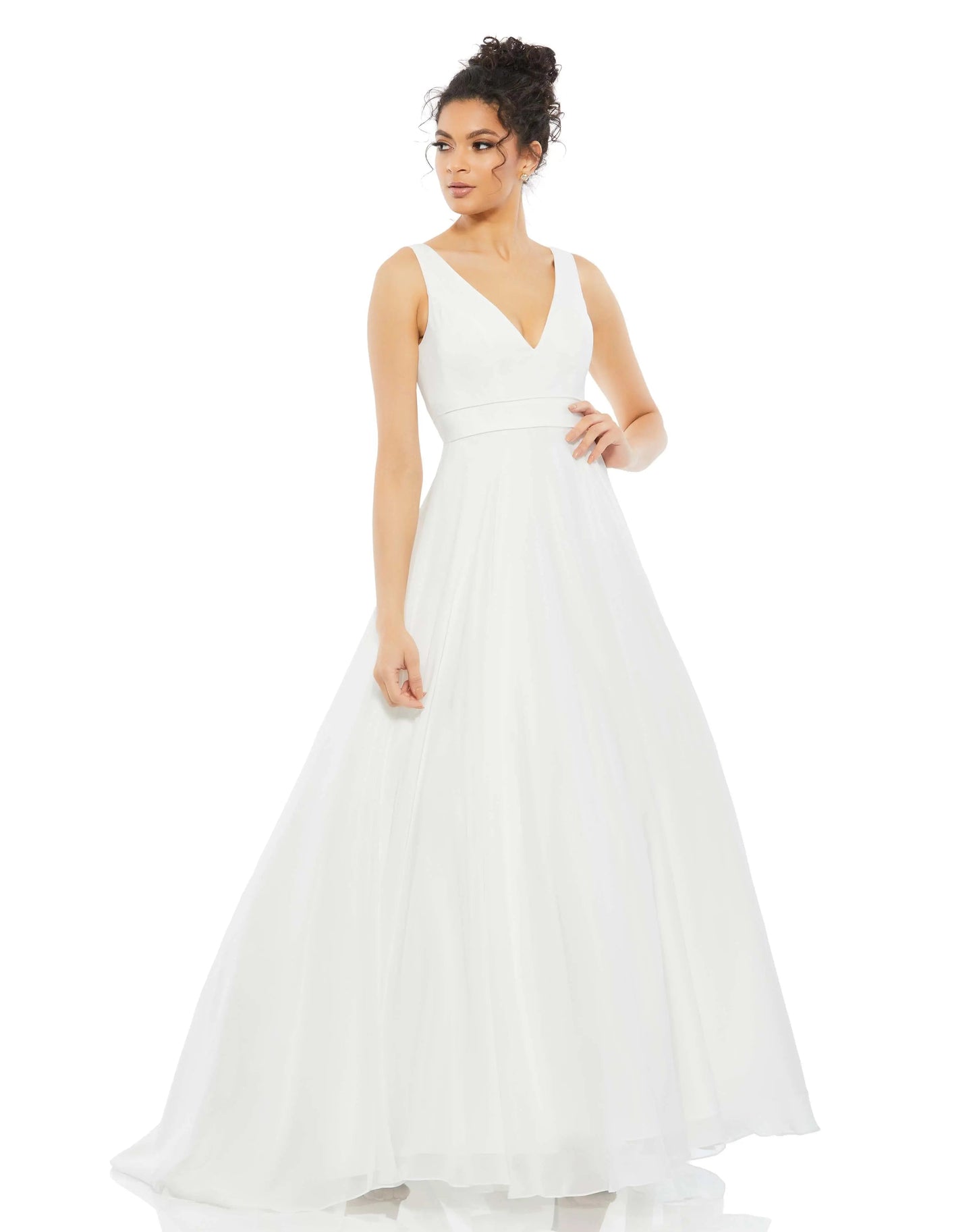 White Sleeveless V Neck Chiffon Ball Gown