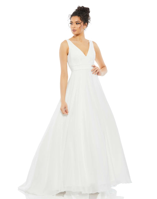 White Sleeveless V Neck Chiffon Ball Gown