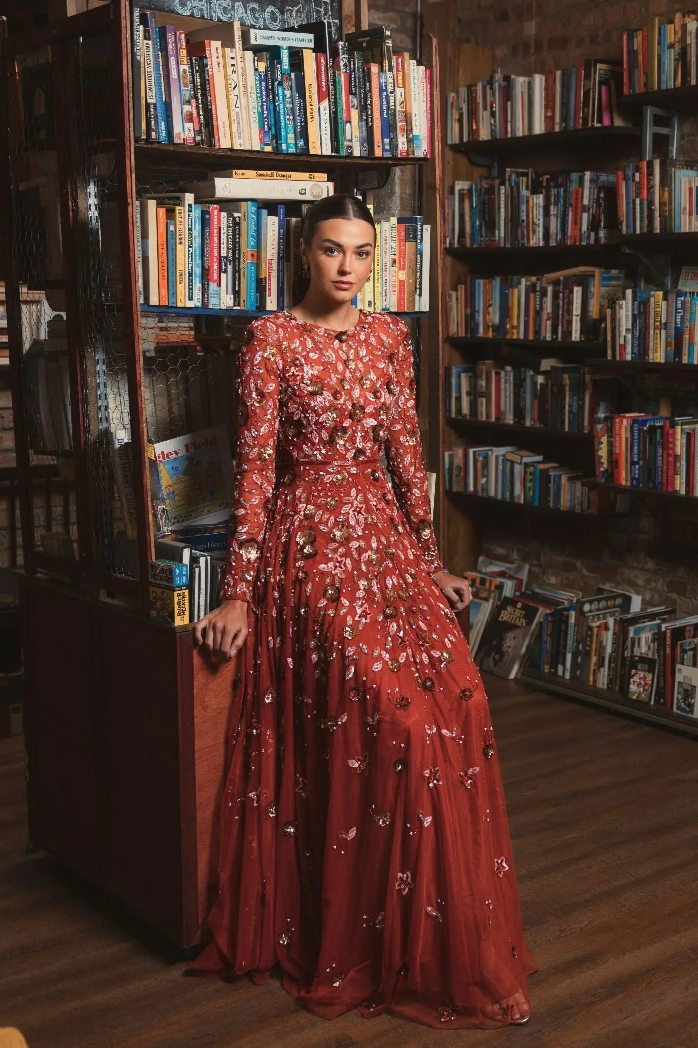 Red Embellished High Neck Long Sleeve A Line Gown