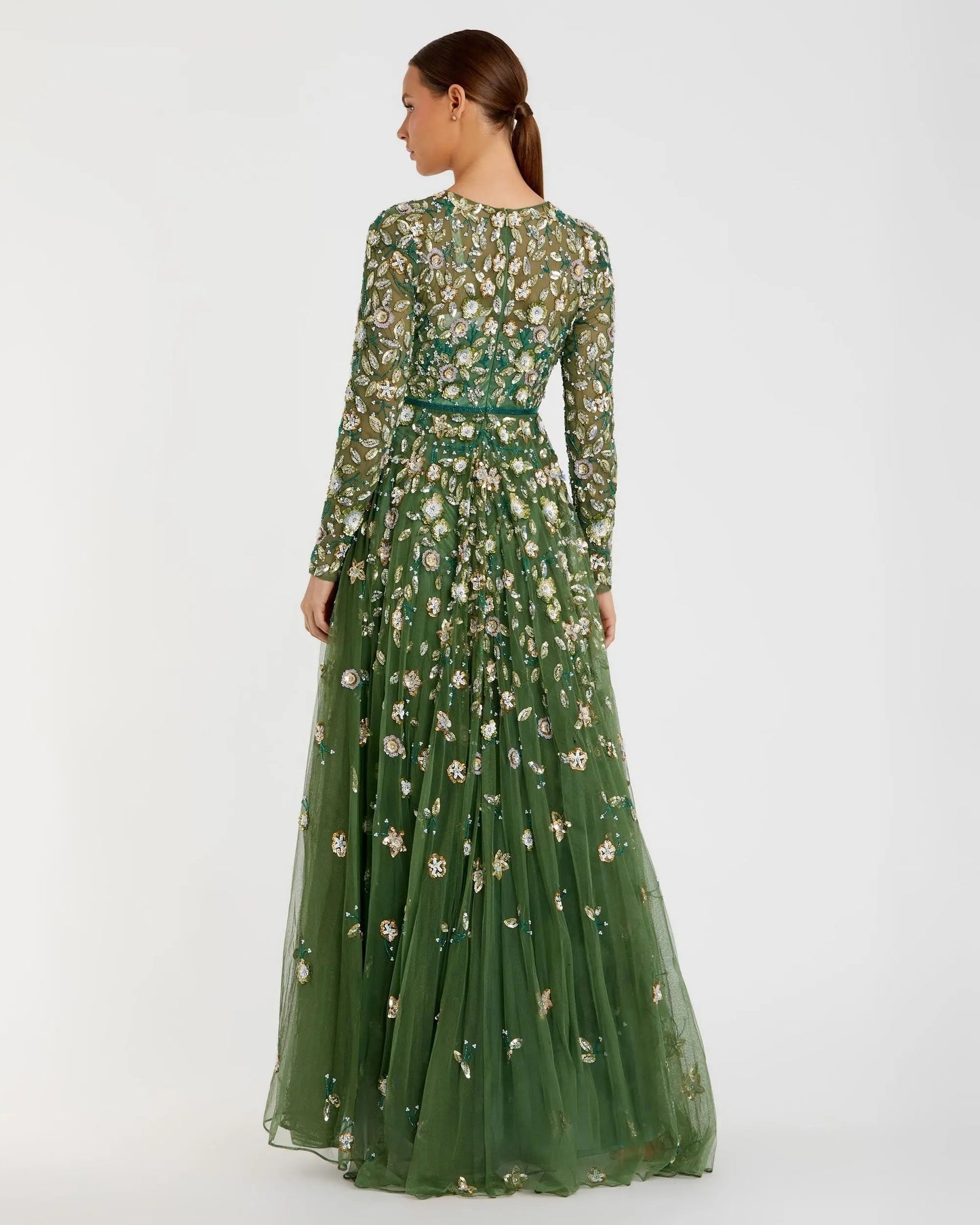 Green Embellished High Neck Long Sleeve A Line Gown