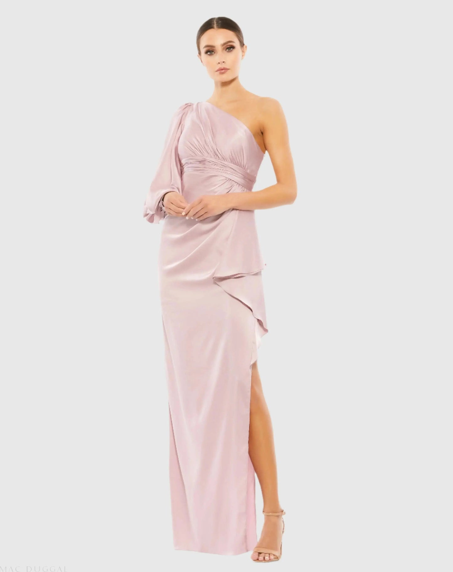 Pink One Shoulder Bishop Sleeve Gown - FINAL SALE