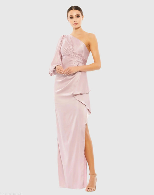 Pink One Shoulder Bishop Sleeve Gown - FINAL SALE