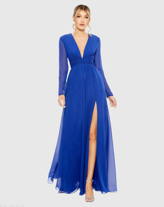 Blue V-Neck Front Twist Long Sleeve Gown - FINAL SALE