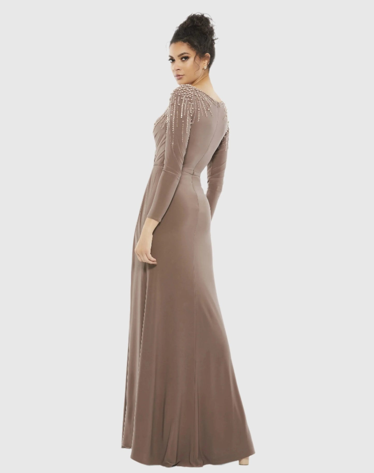 Brown Faux Wrap Jersey Gown w/ Embellished Accents