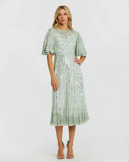 Green Flounce Sleeve Midi Dress
