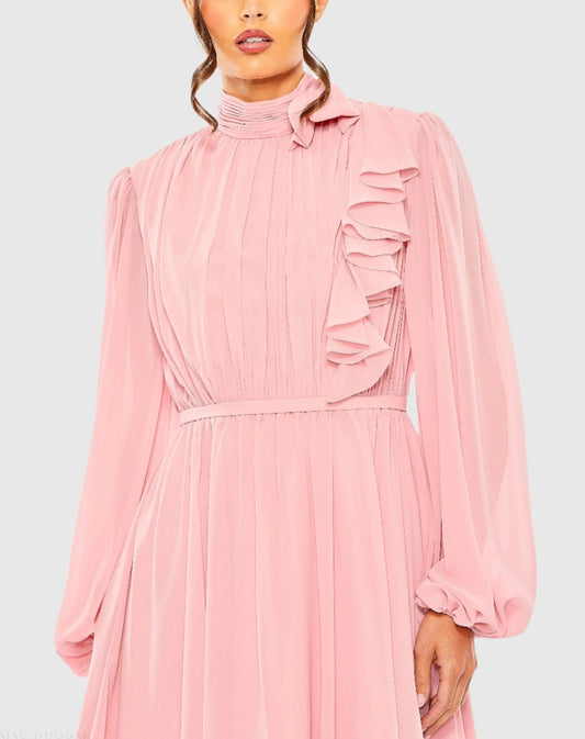 Pink Draped High Neck Long Sleeve Mini Dress