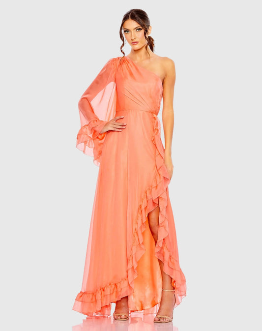 Orange One Sleeve Ruffled Hem Gown - FINAL SALE