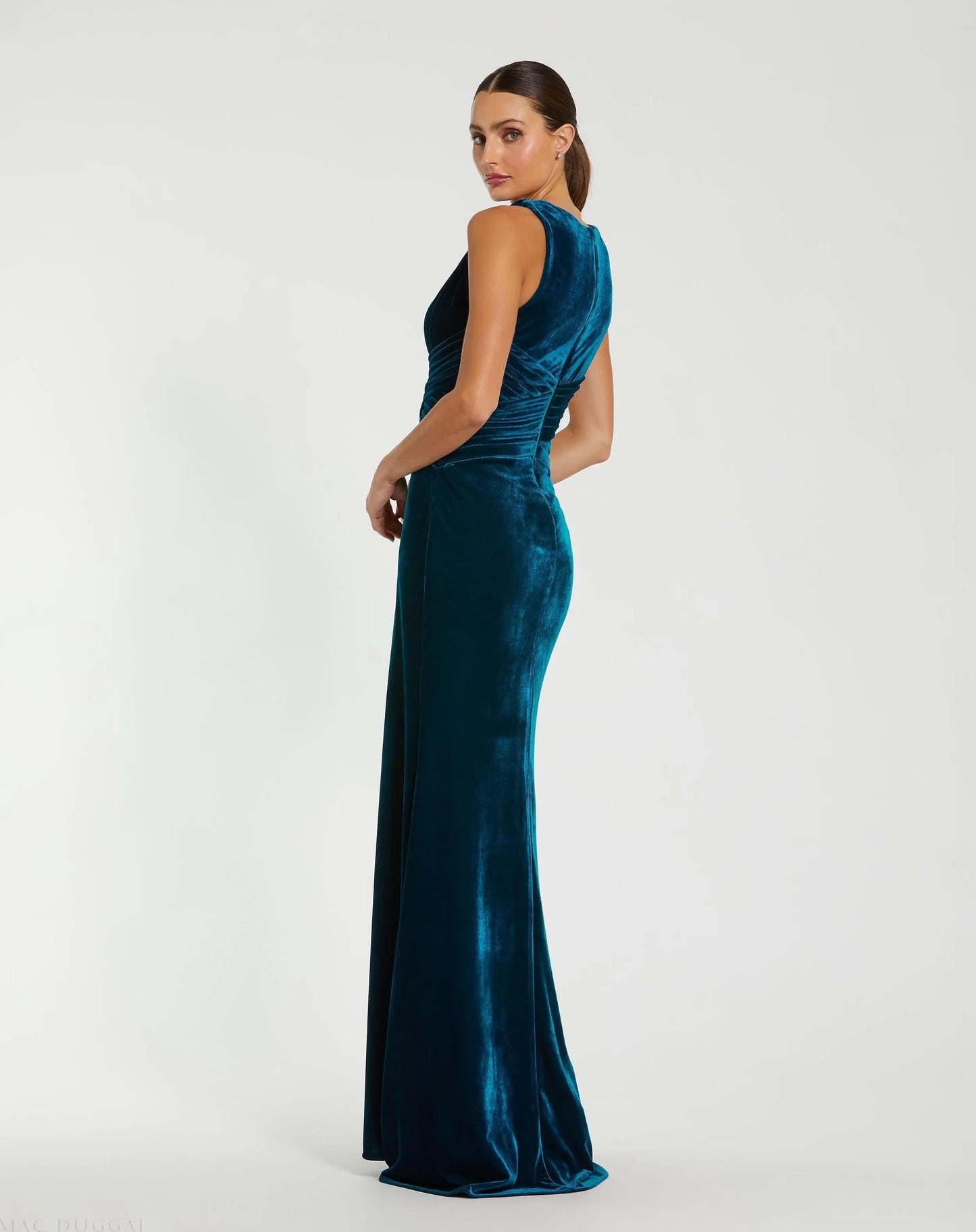Blue Sleeveless Plunge Neck Pleated Velvet Gown