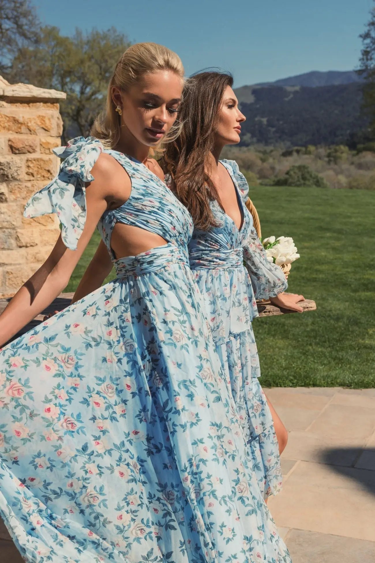 Blue Floral Chiffon One Shoulder Gown