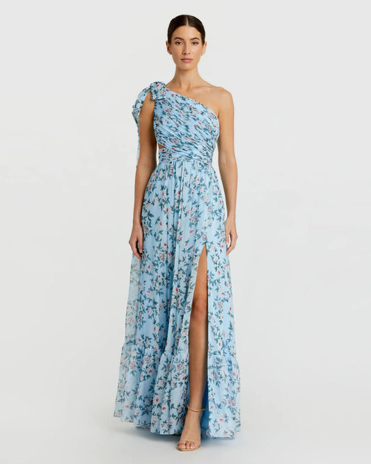 Blue Floral Chiffon One Shoulder Gown