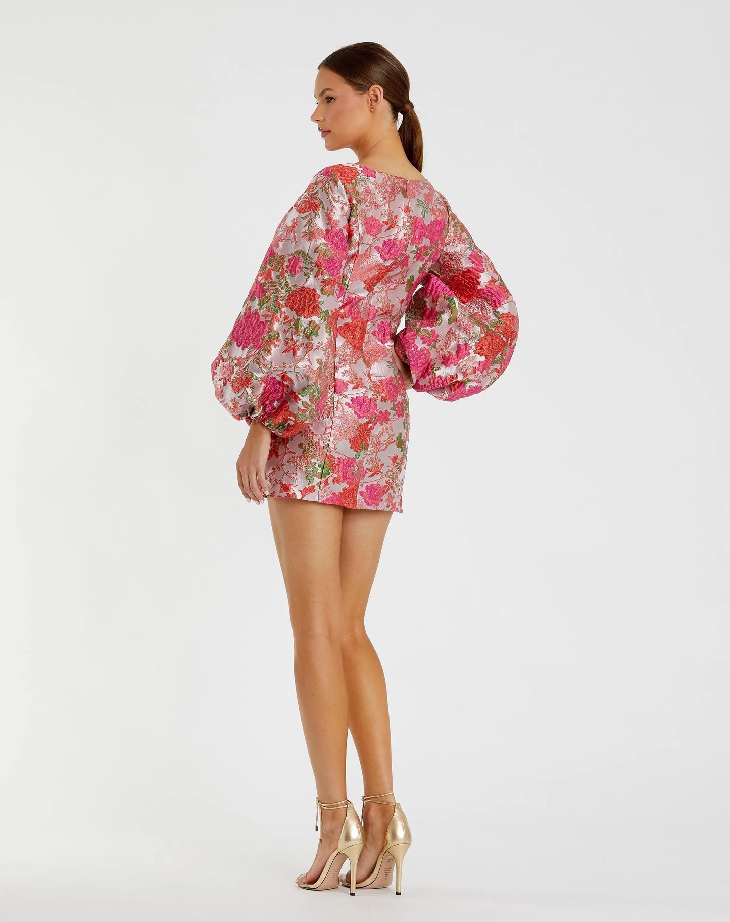 Pink Floral Brocade Balloon Sleeve Mini Dress