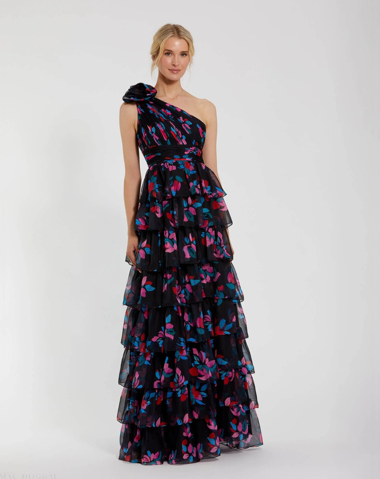 Black Floral Chiffon One Shoulder Tiered Ruffle Gown