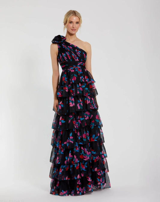 Black Floral Chiffon One Shoulder Tiered Ruffle Gown
