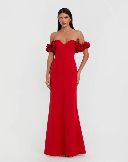 Red Crepe Off The Shoulder Gown With 3D Flowers