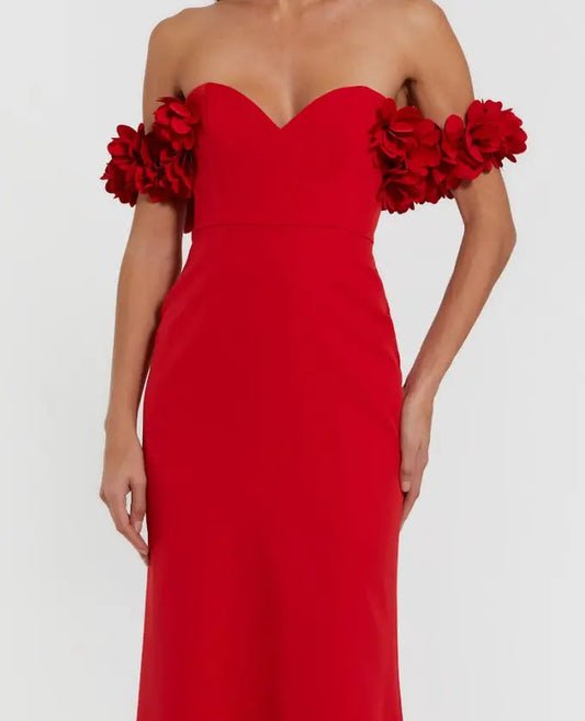 Red Crepe Off The Shoulder Gown With 3D Flowers