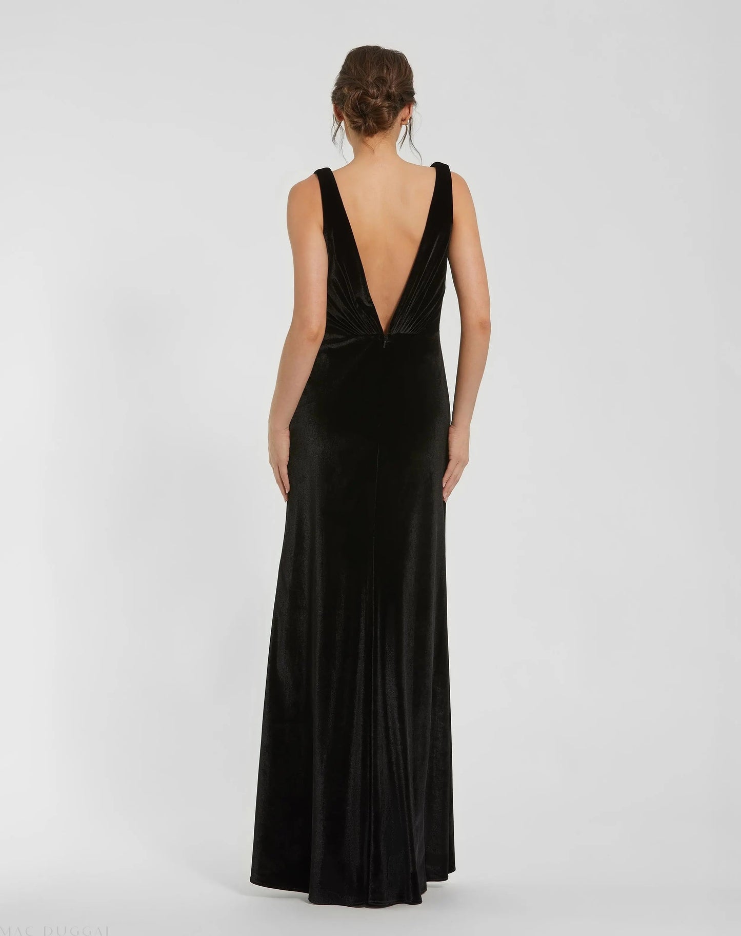 Black Deep V High Slit Draped Velvet Fitted Gown