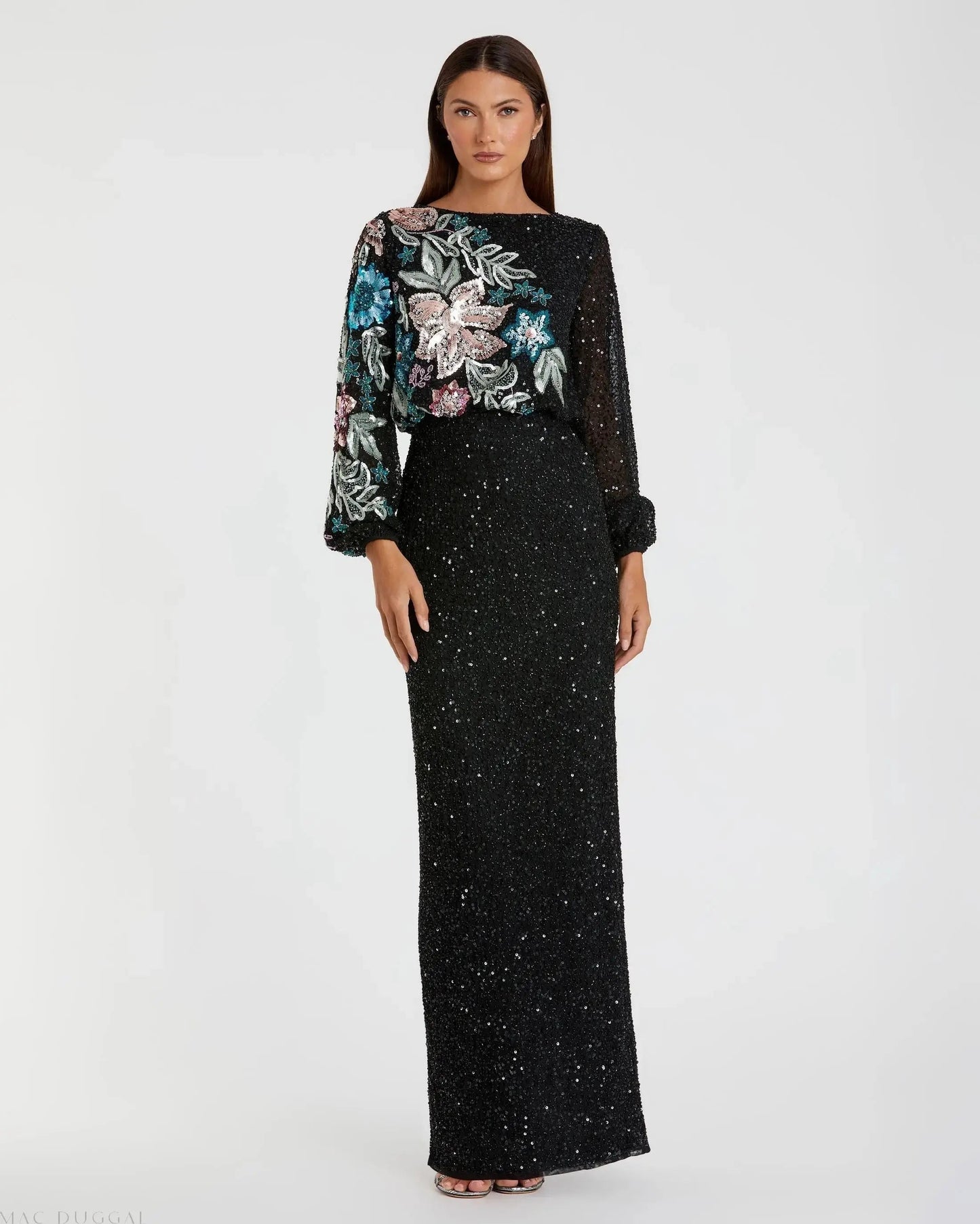Black High Neck Long Sleeve Sequin Gown