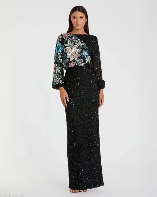 Black High Neck Long Sleeve Sequin Gown