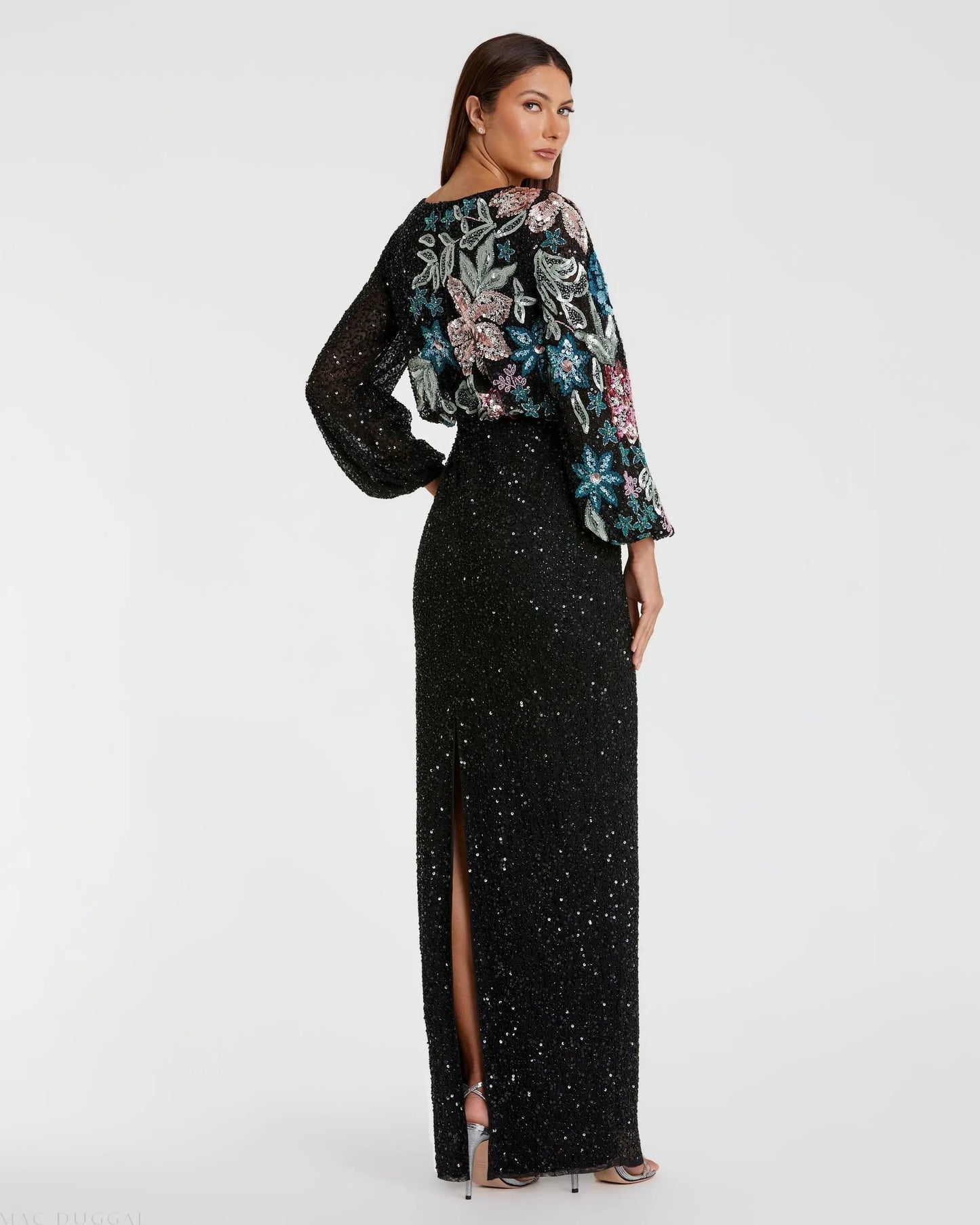 Black High Neck Long Sleeve Sequin Gown