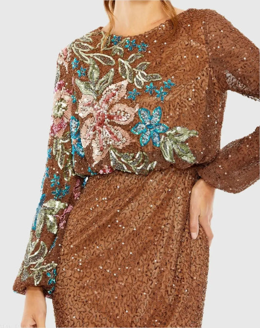Brown High Neck Long Sleeve Sequin Gown