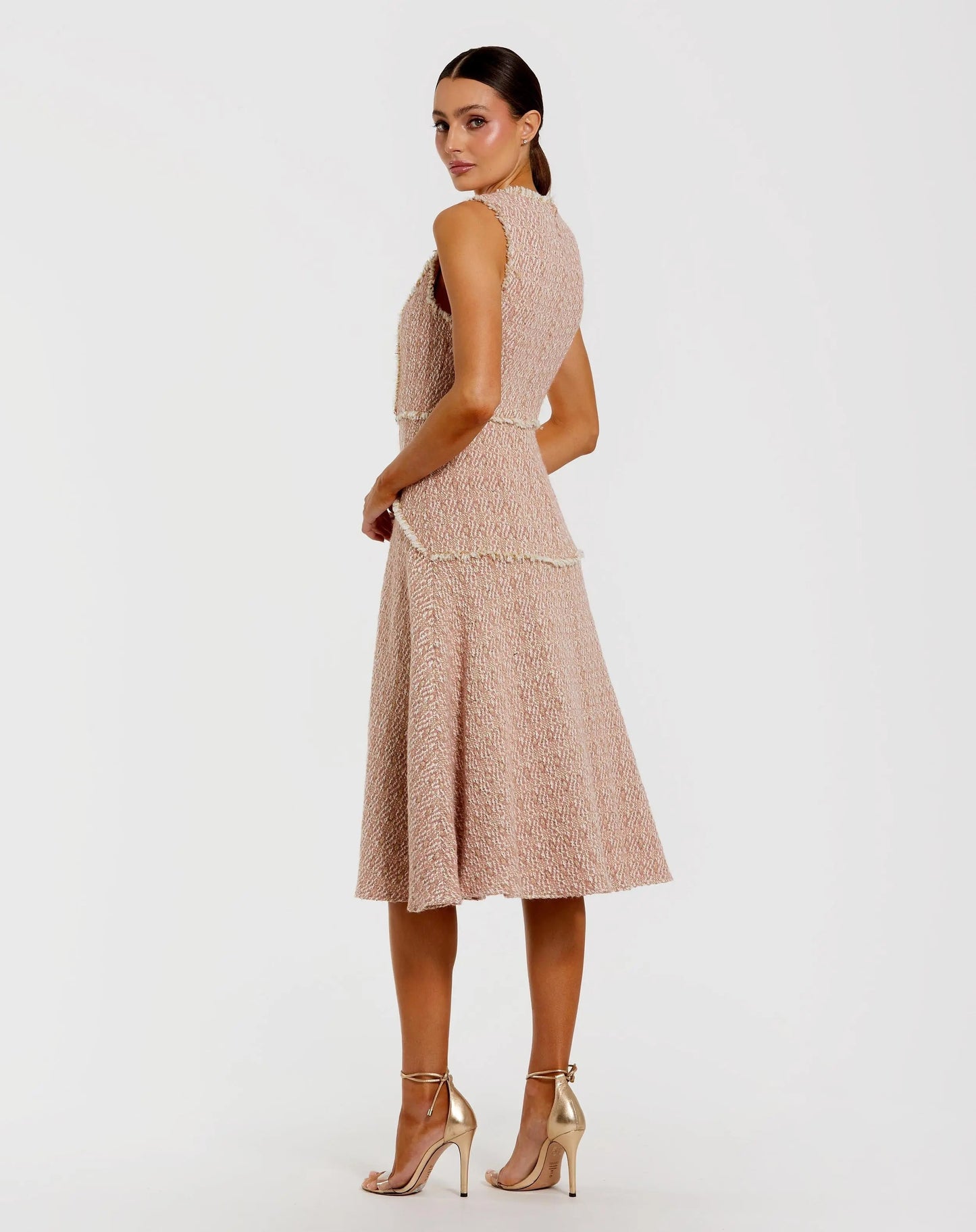 Light Pink Boucle Sleeveless Button Up Midi Dress