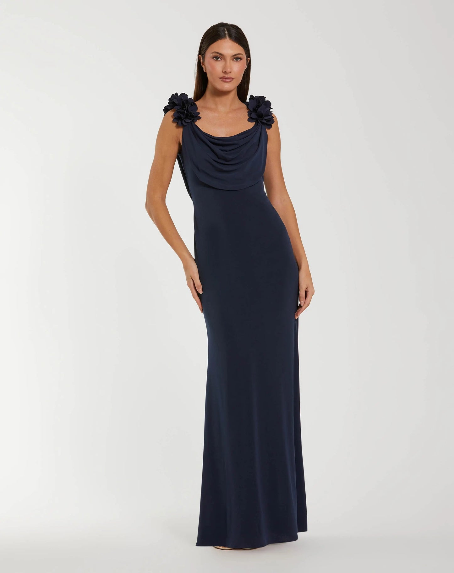 Navy Cowl Neck Jersey Gown With 3D Flower Straps