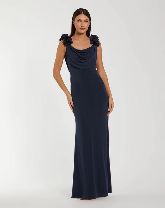 Navy Cowl Neck Jersey Gown With 3D Flower Straps