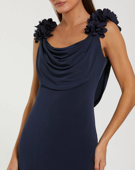 Navy Cowl Neck Jersey Gown With 3D Flower Straps